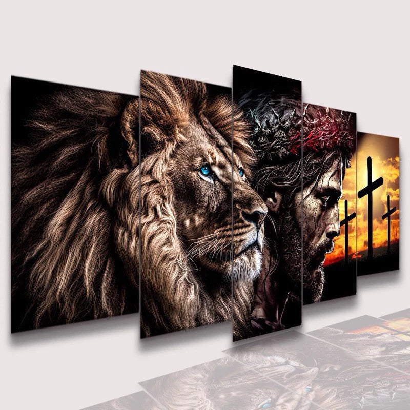 Conjunto Quadro Decorativo Mosaico Leão de Juda Cristão o Kit Parede Sala e Quarto PVC Decoração