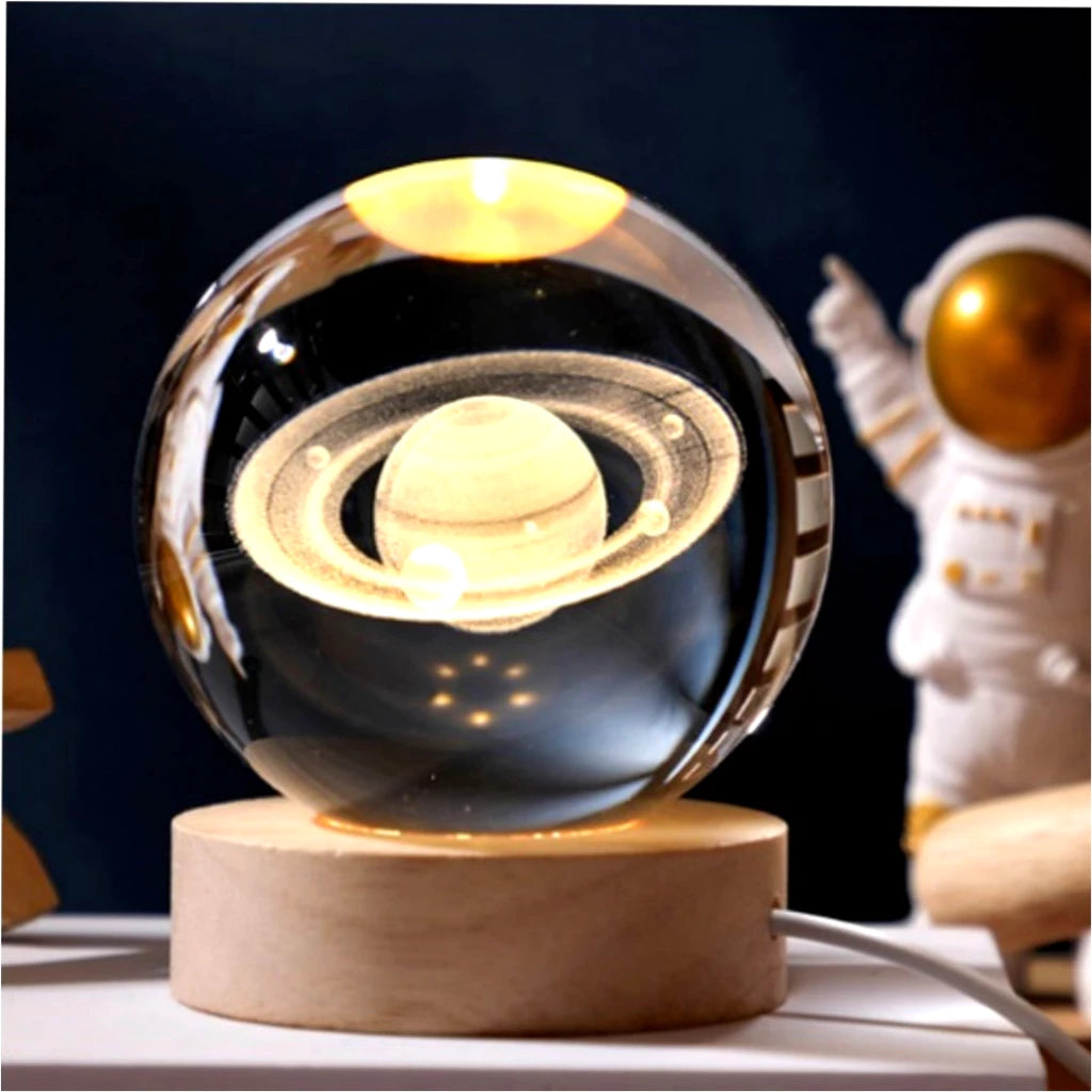 Luminária Bola de Cristal Led para Mesa Globo Vidro 3d Base Madeira