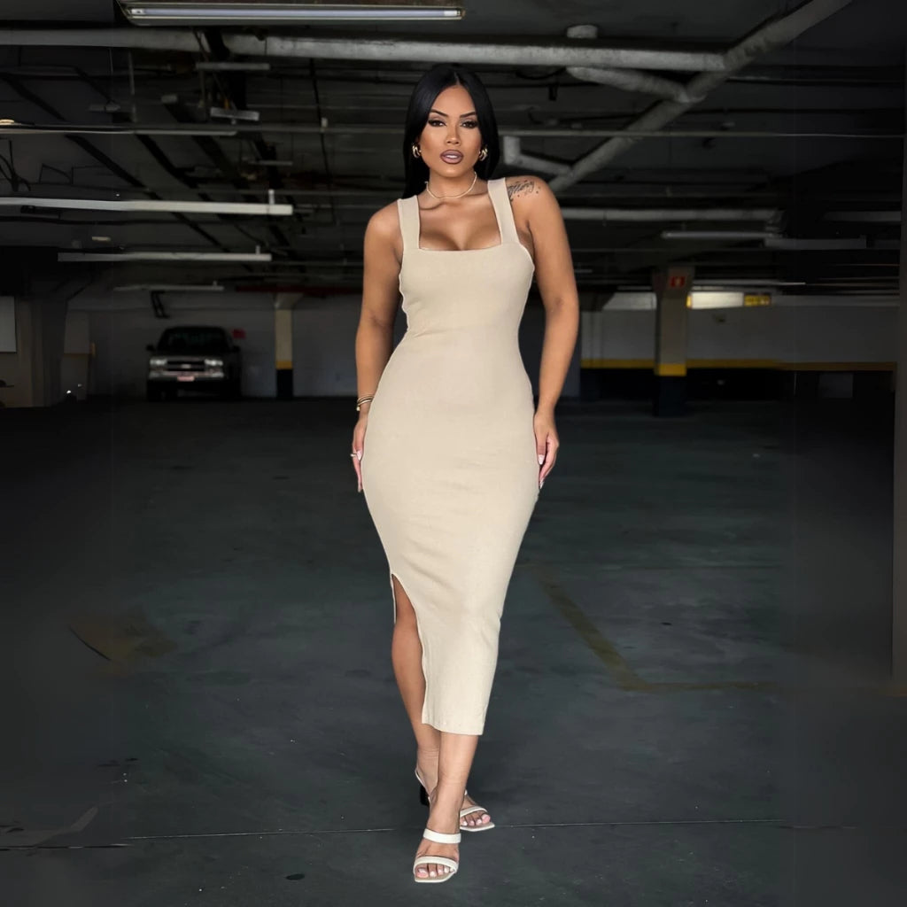 Vestido longo canelado premium com fenda lateral casual basico tubinho vários tamanhos