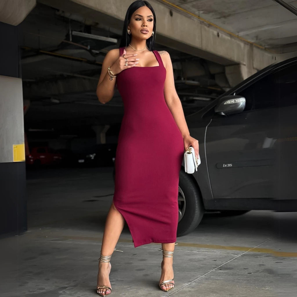 Vestido longo canelado premium com fenda lateral casual basico tubinho vários tamanhos