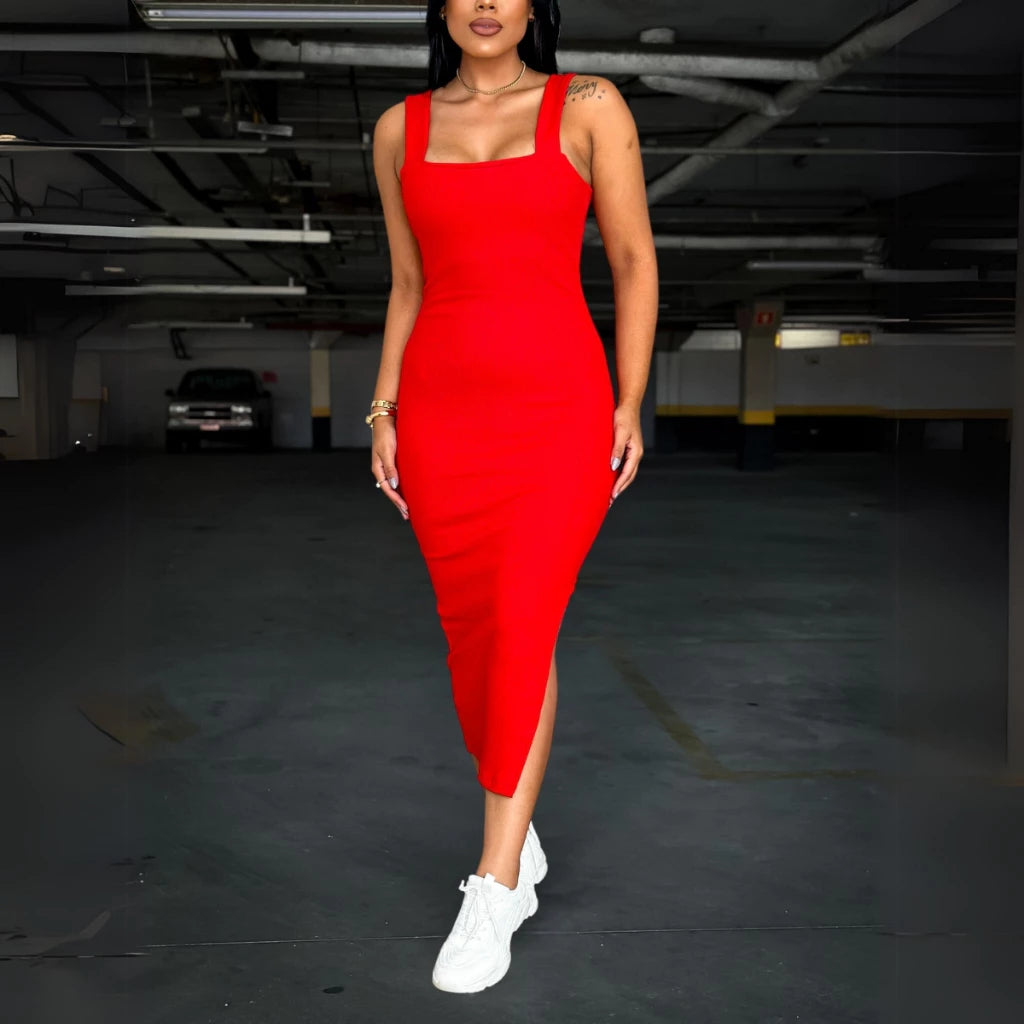 Vestido longo canelado premium com fenda lateral casual basico tubinho vários tamanhos