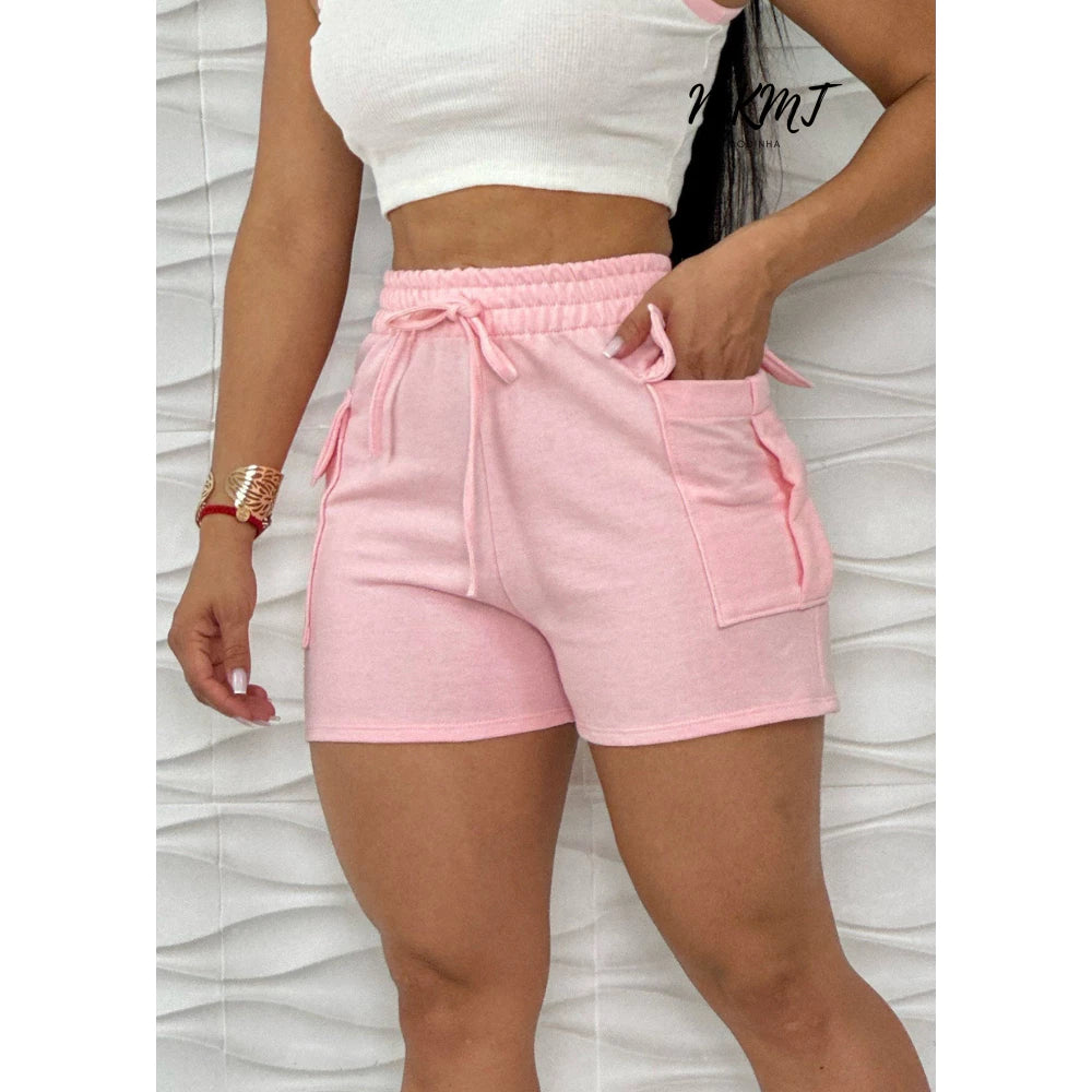 short feminino cargo moletinho com bolso