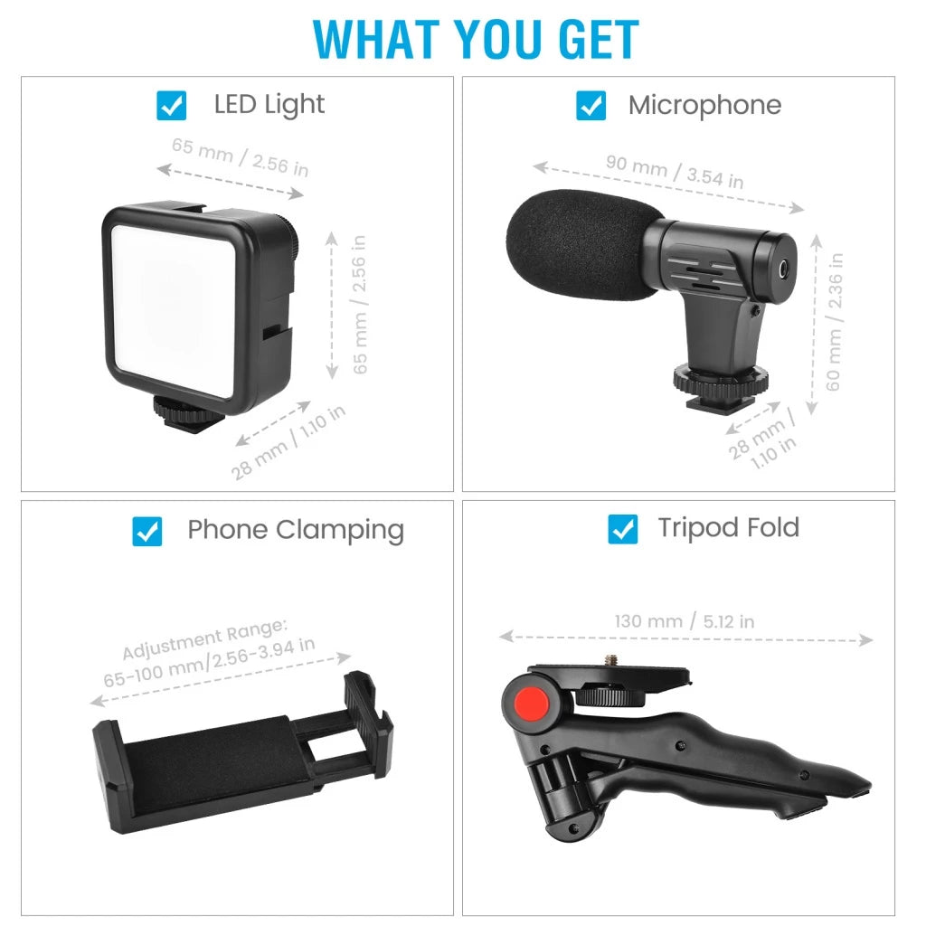 Kit De Fotografia Luz De Vídeo + Microfone + Tripé Dobrável + Suporte Celular Com Controle Bluetooth