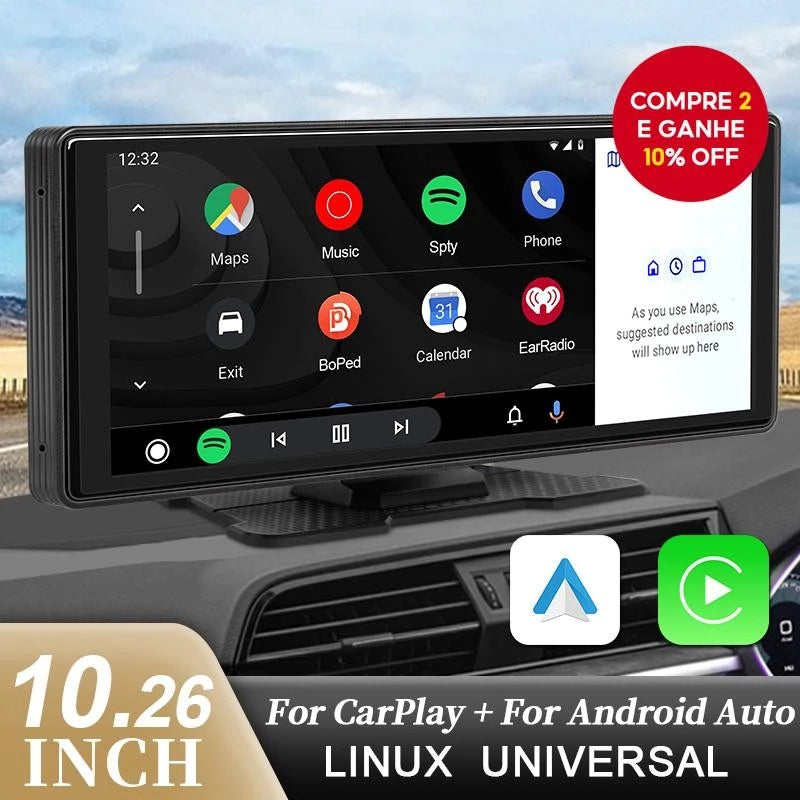 Player de Vídeo para Carro Sem Fio com Tela Touchscreen Portátil de 10,26 para Apple CarPlay e Android Auto
