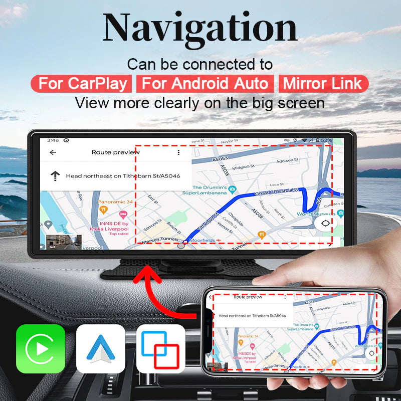 Player de Vídeo para Carro Sem Fio com Tela Touchscreen Portátil de 10,26 para Apple CarPlay e Android Auto