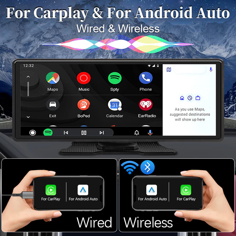 Player de Vídeo para Carro Sem Fio com Tela Touchscreen Portátil de 10,26 para Apple CarPlay e Android Auto