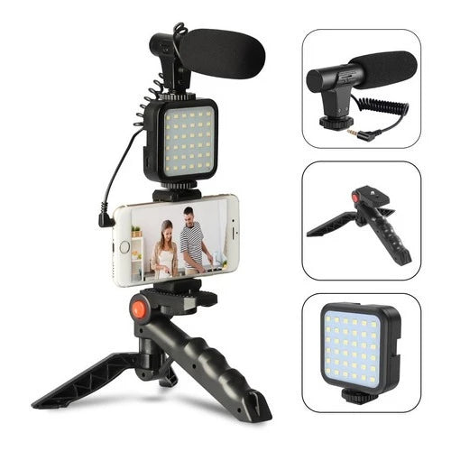 Kit De Fotografia Luz De Vídeo + Microfone + Tripé Dobrável + Suporte Celular Com Controle Bluetooth
