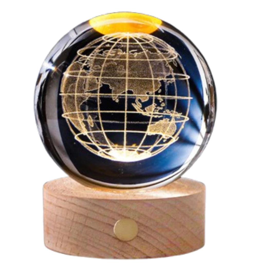 Luminária Bola de Cristal Led para Mesa Globo Vidro 3d Base Madeira