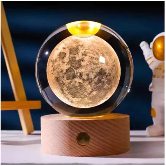 Luminária Bola de Cristal Led para Mesa Globo Vidro 3d Base Madeira