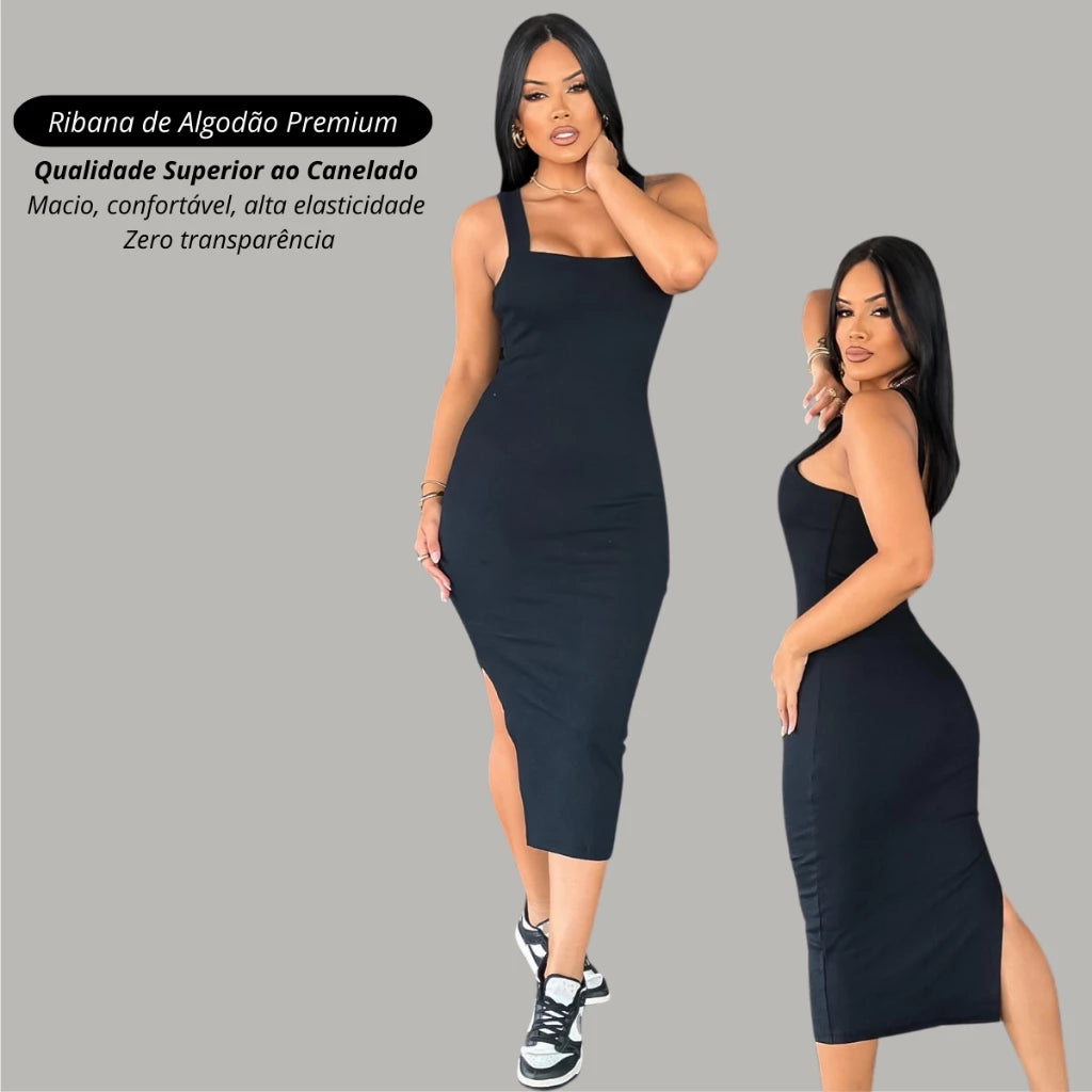 Vestido longo canelado premium com fenda lateral casual basico tubinho vários tamanhos